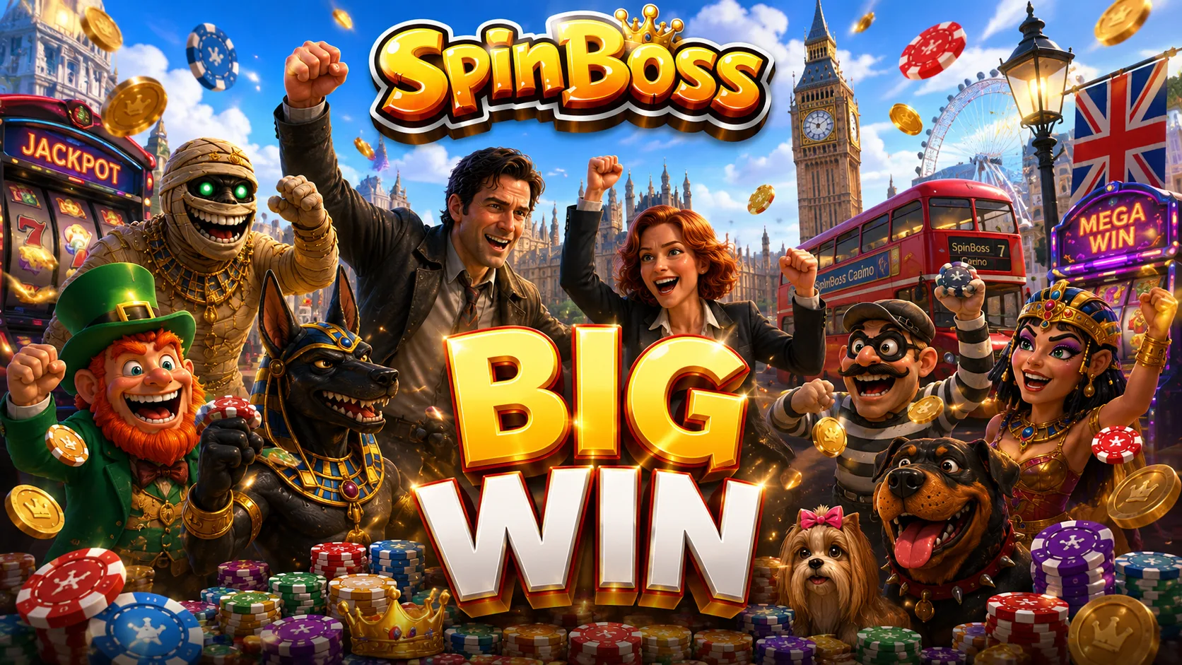 Spinboss big win celebration with London landmarks