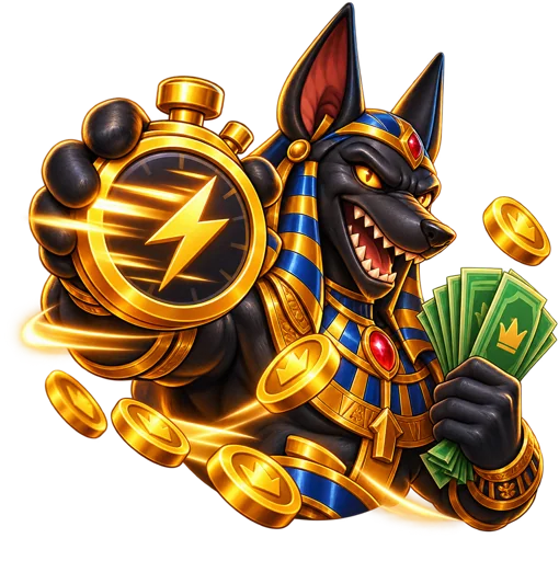 Anubis doorman holding a stopwatch and a stack of pound notes in the Spinboss London den