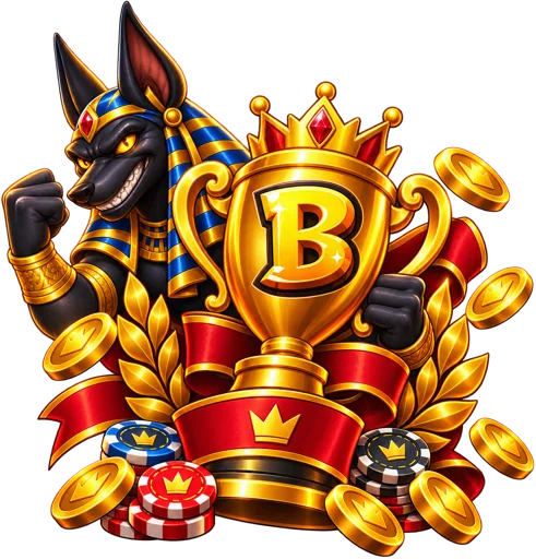 Anubis doorman of the Spinboss den holding a gold trophy
